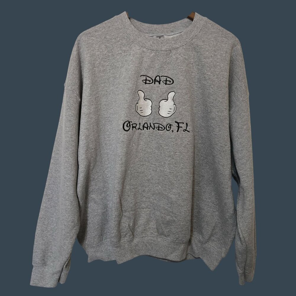 Men's Mickey Mouse Gloves "Dad Orlando FL" Embroidered Gray Gildan Sweatshirt XL